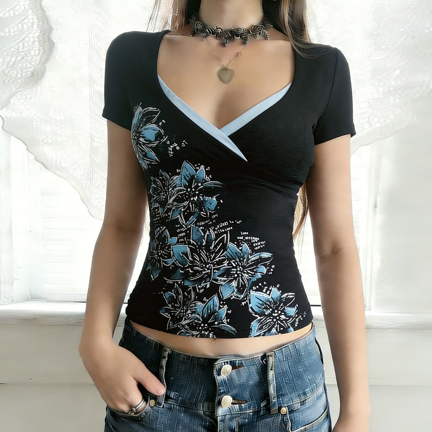 American Street Dark Style Floral Print Waist-Cinching Color-Block Crop Top Short Sleeve T-Shirt V-Neck Flattering Bust Versatile Top