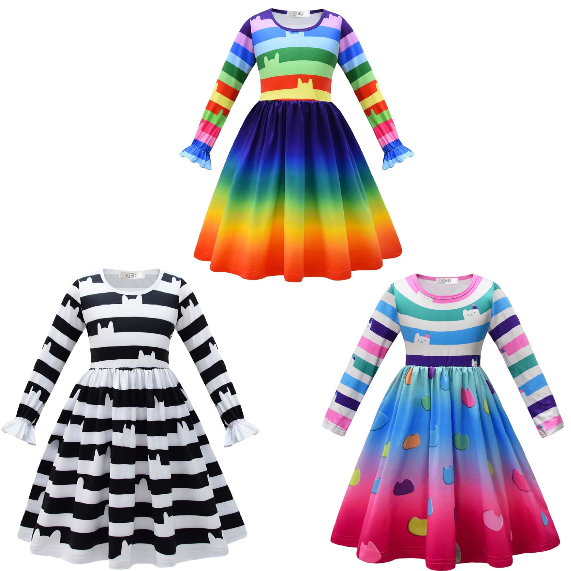 In Stock Children's Striped Dress Cartoon Digital Print Girls' Long Sleeve Dress for Older Girls