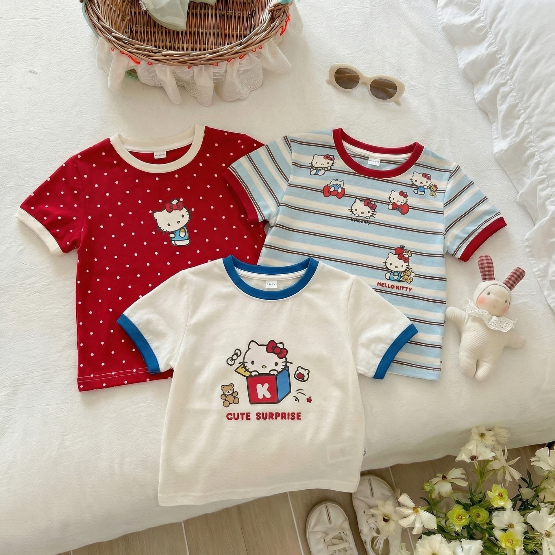 Children Summer Short Sleeve T-Shirt 2026 New Cartoon Print Top Girl Fashionable Hello Kitty Color Block Round Neck Tee