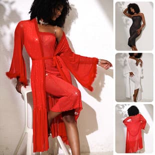 Cross-border Light Luxury Sequin Mesh Slip Dress Fur Sleeve Long Robe Women's Sexy Loungewear 1240+872