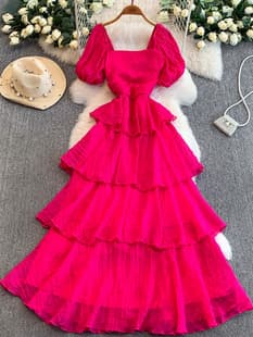 French Princess Gentle Style Pink Puff Sleeve Square Neck Dress for Women Autumn Winter Fitted Slimming Layered Cake Long Dress