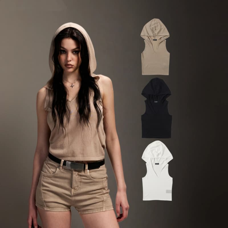 SMFK Siren Wander Knit Hooded Vest Slim V-Neck Outerwear Sleeveless Top Three Colors