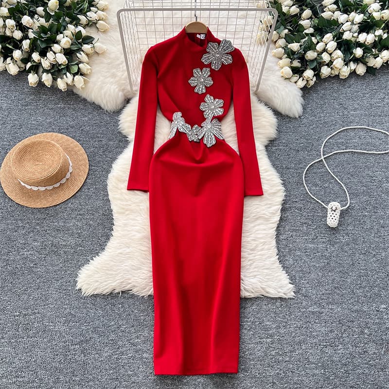 High-End Elegant Rhinestone Embellished 3D Floral Long Sleeve Fitted Dress for Women, Slimming and Flattering Evening Gown