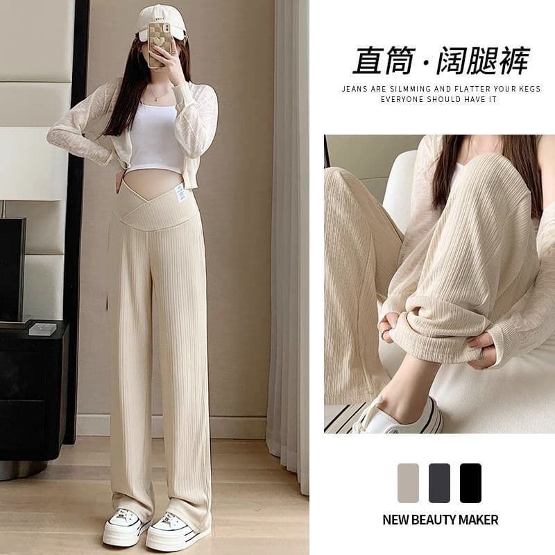 Low Waist Wide Leg Maternity Pants Early Pregnancy Comfortable Casual Loose Fit Ice Silk Polyester Autumn Outfit for Pregnant Women