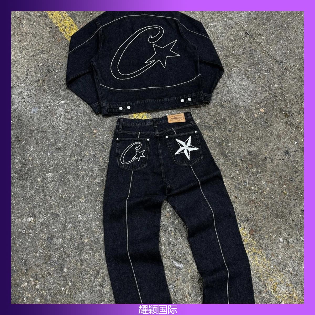 Corteiz Denim Set Western Denim Jacket Loose Jeans Cross-Border Summer All-Season
