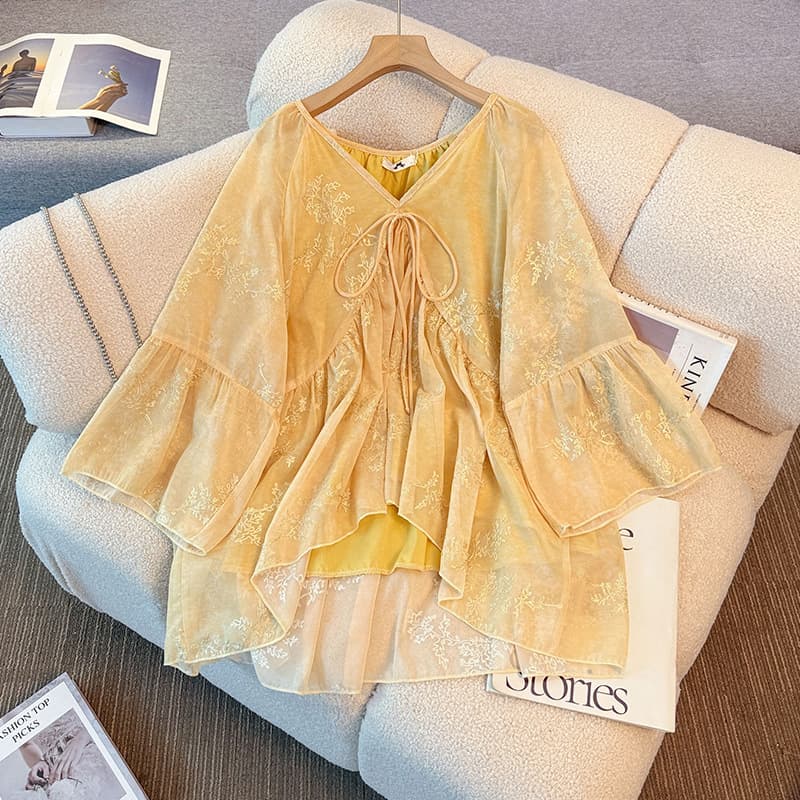 Plus-size women's clothing for 130-350 lbs, new spring and autumn style V-neck ruffled design lace tie top