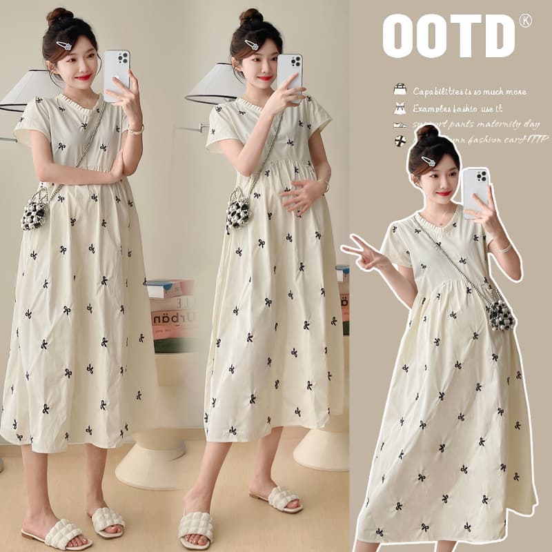 Actual Photo Elegant Maternity Dress Summer 2026 New Bow Embroidery Long Dress Plus Size Loose Fit