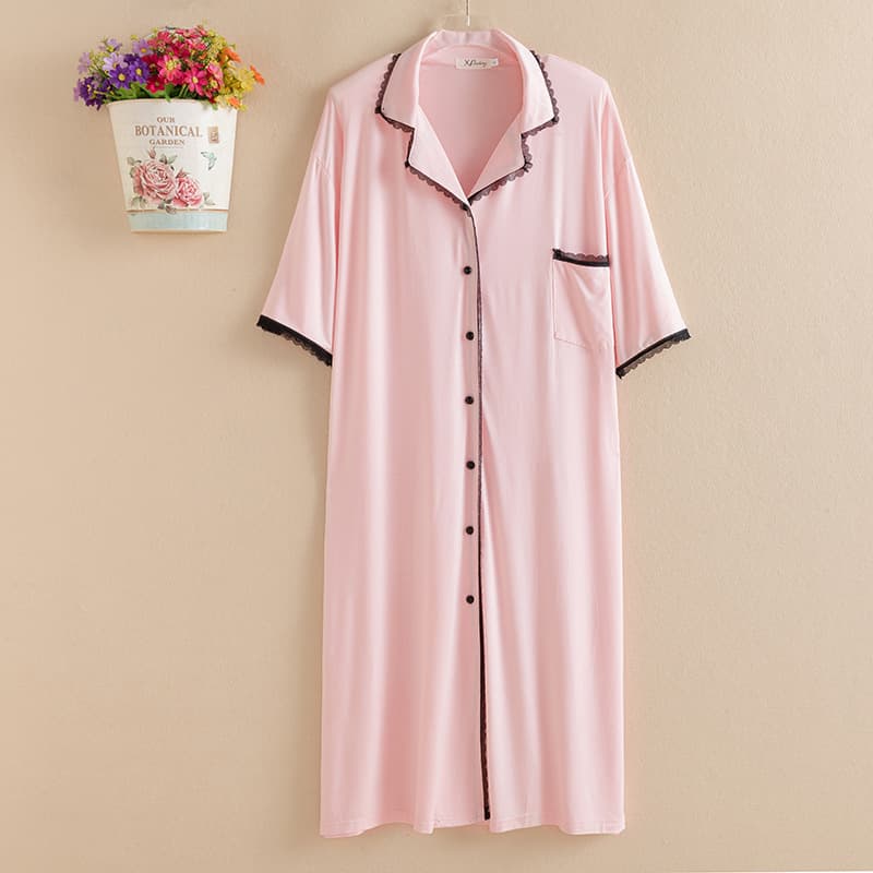 Wholesale Plus Size Notch Lapel Cardigan Modal Nightgown Women's Summer Short Sleeve Long Length Fat MM Pajamas Maternity Homewear
