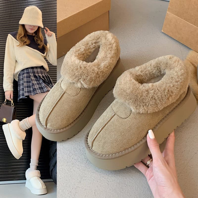 Korean Style Thick Sole Snow Boots 2024 Winter Hot-Selling Round Toe Slip-On Lined Short Shaft One-Step Fuzzy Toe-Cover Shoes