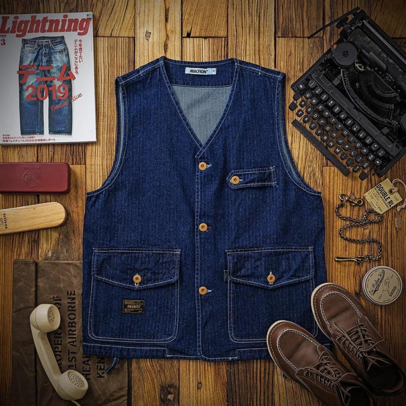 Amekaji Hunting Vest Multi-Pocket Workwear Vest Denim Heavyweight Street Style