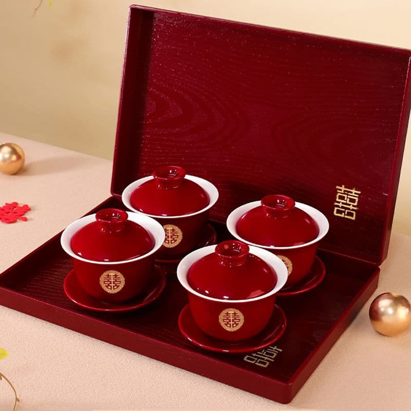 Home Tea Set for Addressing Parents with Four Auspicious Bowls, Tea Cups, and Pot, Ideal Newlywed Gift