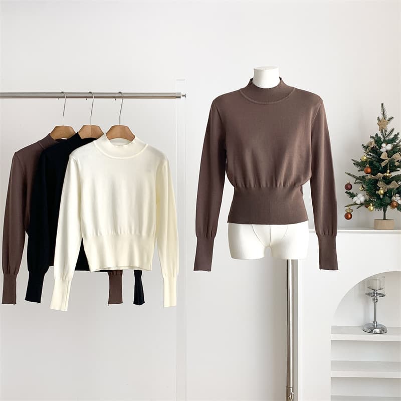 Korean style half turtleneck pullover long-sleeved sweater for women in autumn slim fit waist-cinching bottoming shirt top