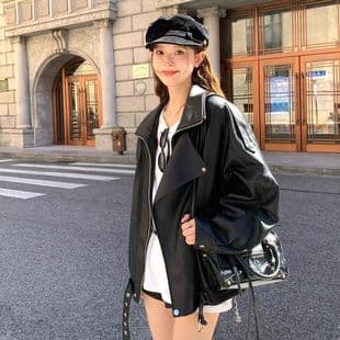 Black Retro Motorcycle PU Leather Jacket with Lapel Collar for Women, Cool and Edgy Style, 2025 Spring/Autumn New Arrival Leather Blazer
