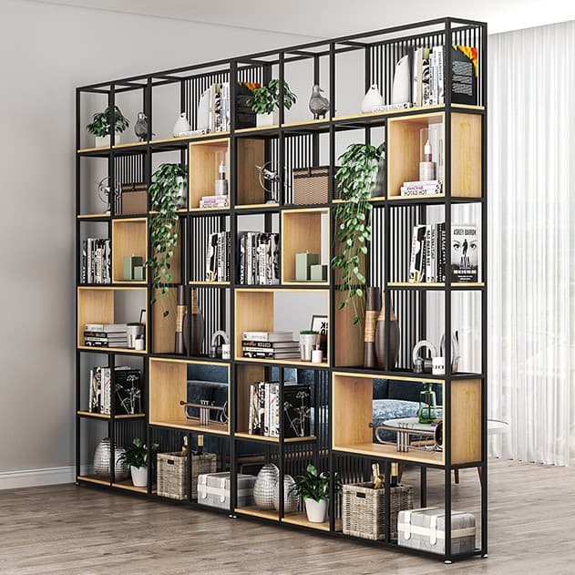 American-style Iron Shelf Floor-standing Office Screen Partition Cabinet Openwork Display Stand Living Room Multi-layer Solid Wood Bookshelf