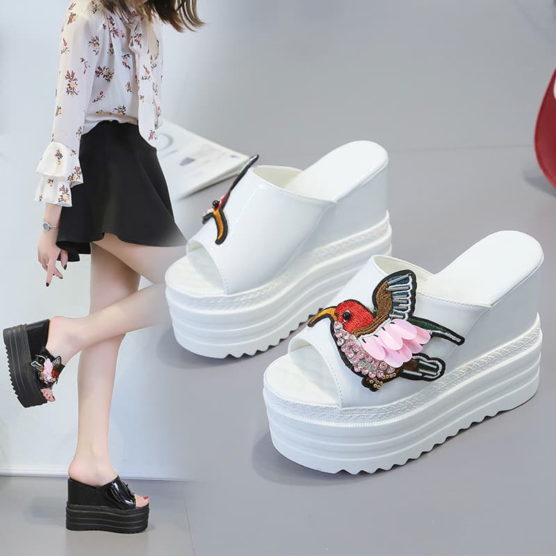 Summer Women's Slippers High Heel Waterproof Platform Wedge Embroidered Sexy Slippers 10cm Women's Shoes Trendy One-Piece Style