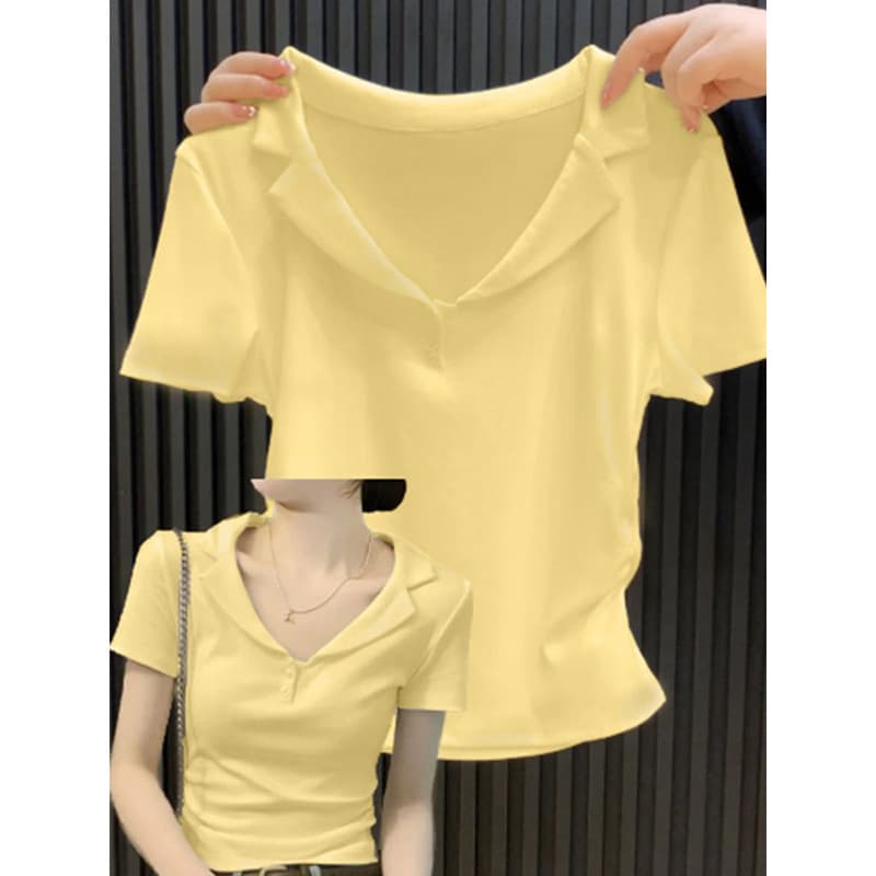American Solid Color Lapel Polo Shirt Short-sleeved T-shirt Women's Summer V-neck Slim-fit Inner Base Shirt Short Top