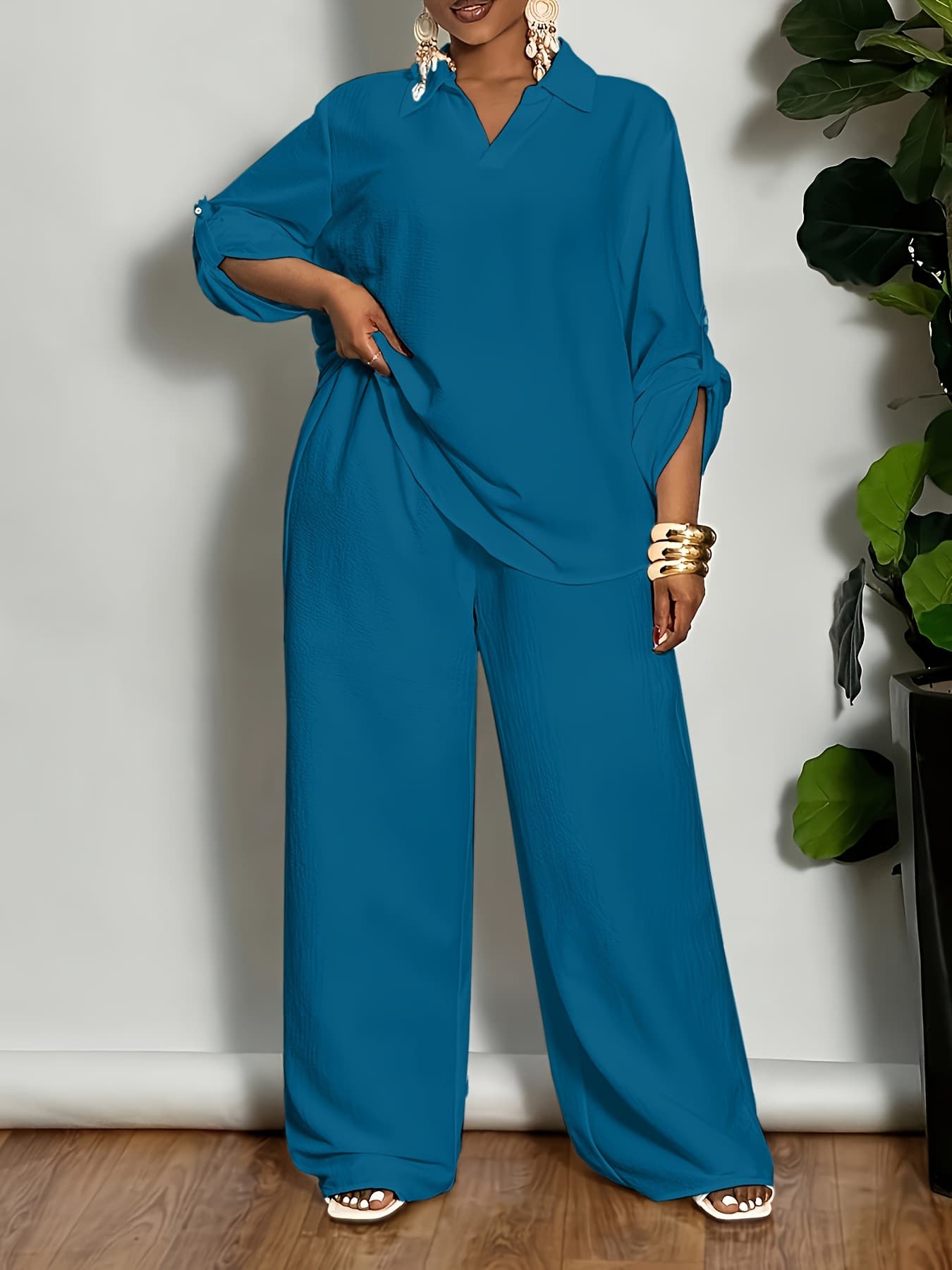 Plus Size Women's Solid V-Neck Long Sleeve Pullover Top with Straight Leg Pants, Versatile for Going Out and Home Comfort