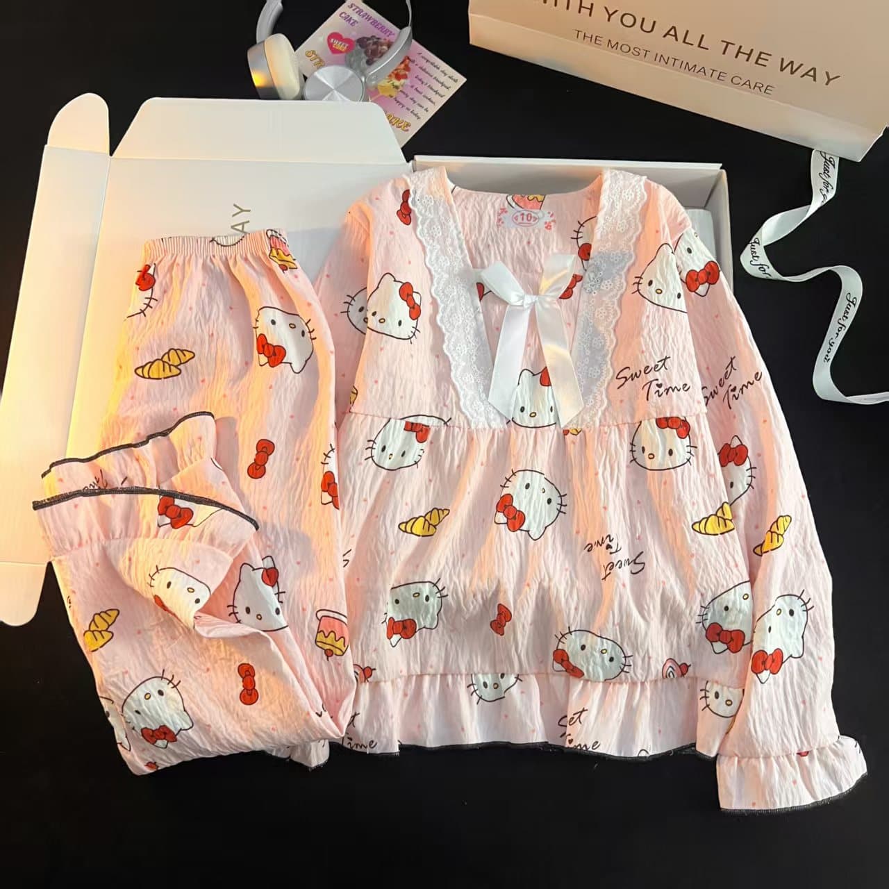 Children's pajamas spring and autumn cloud cotton thin long-sleeved lace square collar sweet princess style cartoon girls home clothes