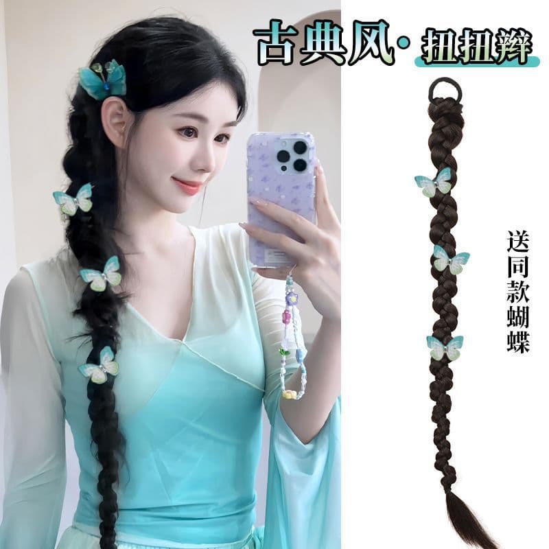 Faux Braided Wig for Women, Boxing Twist Braids, Classic Simulation Hair, Gentle and Elegant Cheongsam Style, New Chinese Ponytail Wig