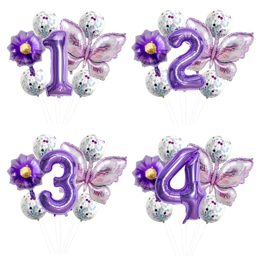 New Purple Butterfly 32-inch Digital Flower Aluminum Foil Balloon Set for Baby Birthday Party Decoration Scene Setup