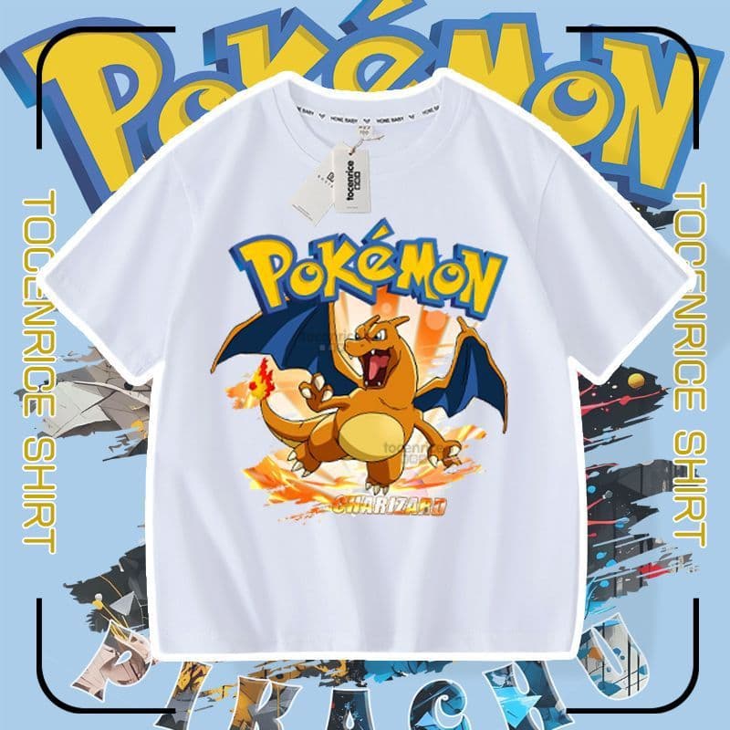 Cross-border Cartoon Charizard Squirtle Bulbasaur Mewtwo Gengar Short-Sleeve T-Shirt for Boys and Girls Crew Neck Top Trendy