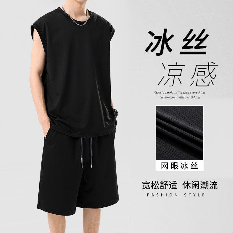 【2-Pack】Ice Silk Cooling Vest and Shorts for Men Summer Thin Breathable Quick-Dry Mesh Sleeveless T-Shirt and Pants