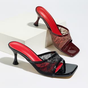 Women's Summer High Heel Sandals Cross-Border Export Square Toe Lace Mesh Kitten Heel Low Heel Elegant Wine Glass Heel Slippers