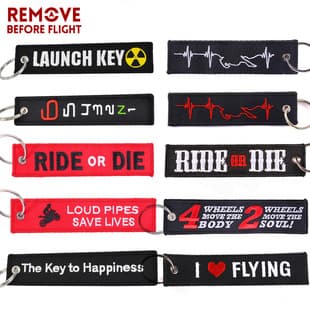 1PC Black Background White Text Motorcycle Car Personalized Embroidered Keychain Flying Keychain