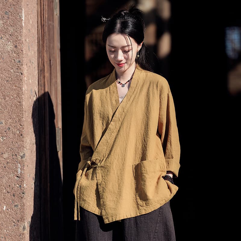 26 Linen Women's New Retro Zen Style Cross-Collar Loose Linen Tie Hanfu Top Jacket Women's Zen Tea Dress