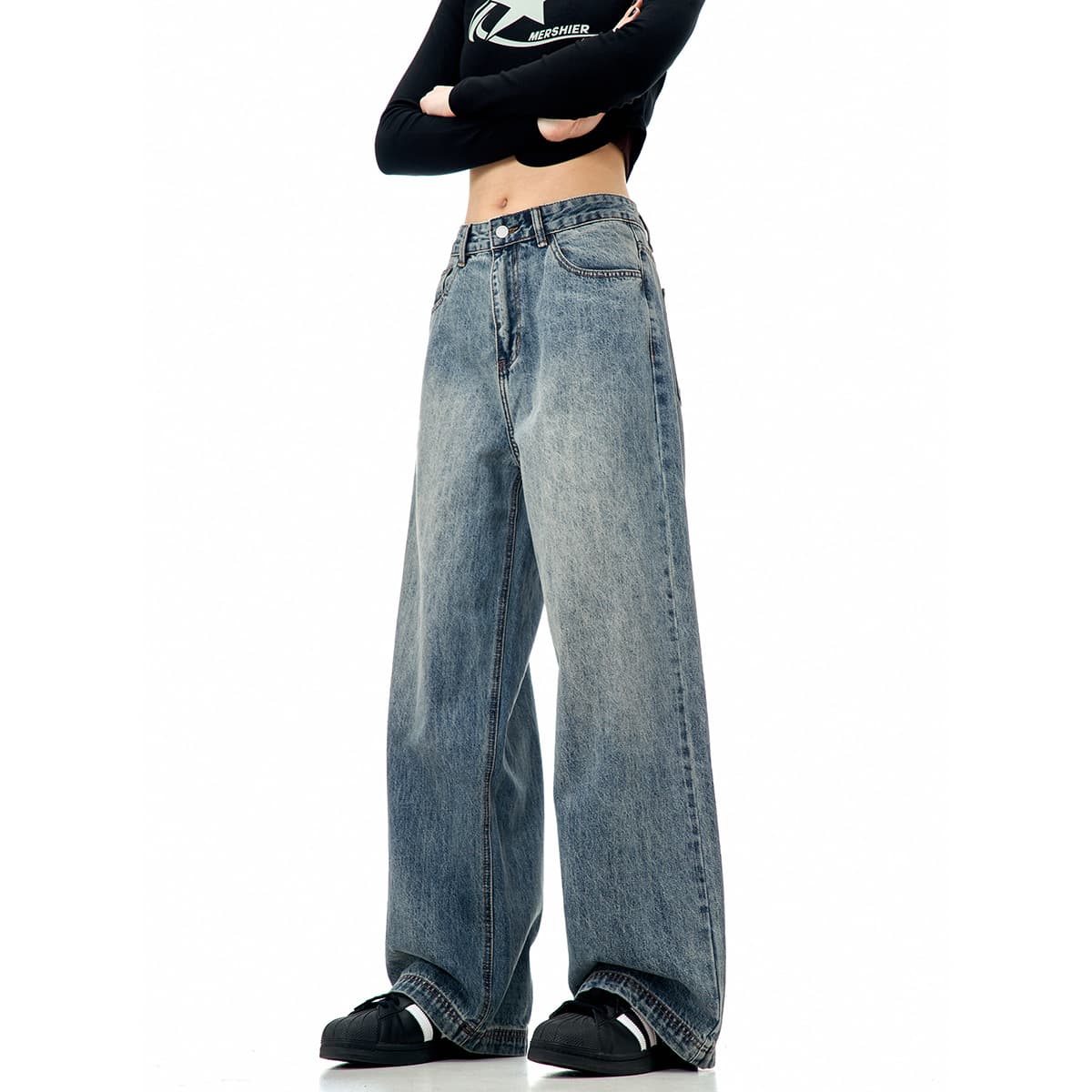 American Style Loose Wide Leg Jeans Men's Women's Washed Blue Casual High Waist Straight Tube Long Pants Street Trend