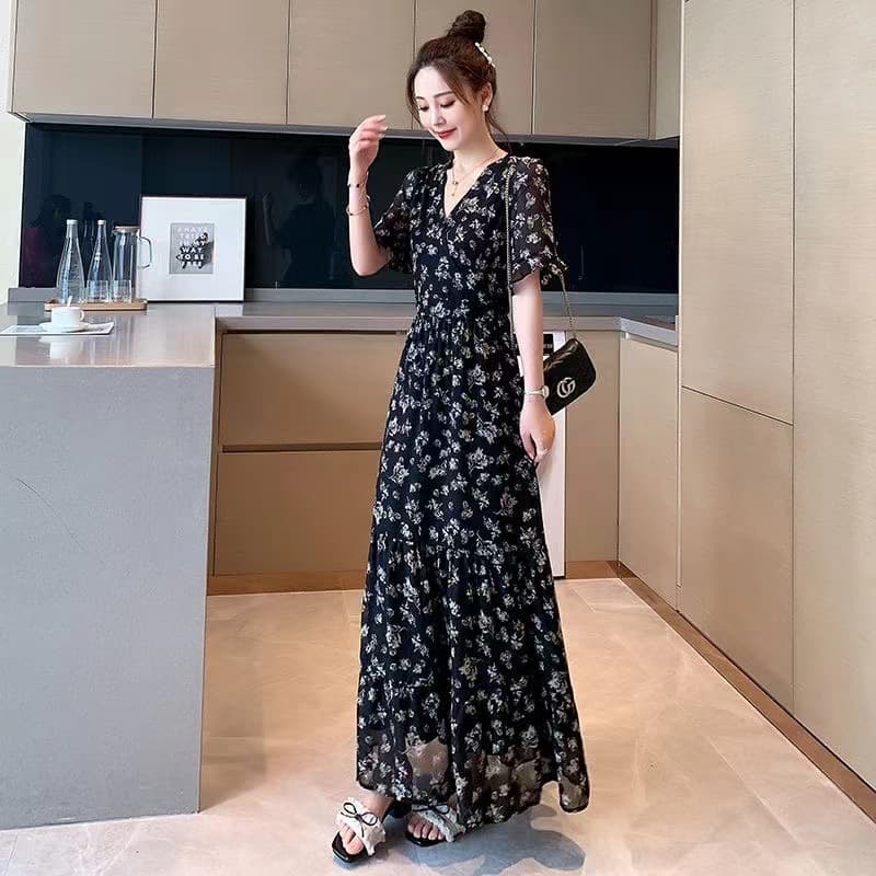 Floral Print Dress 2024 New Summer Forest Style French Platycodon Ankle-Length Dress Slimming Black Dress for Women