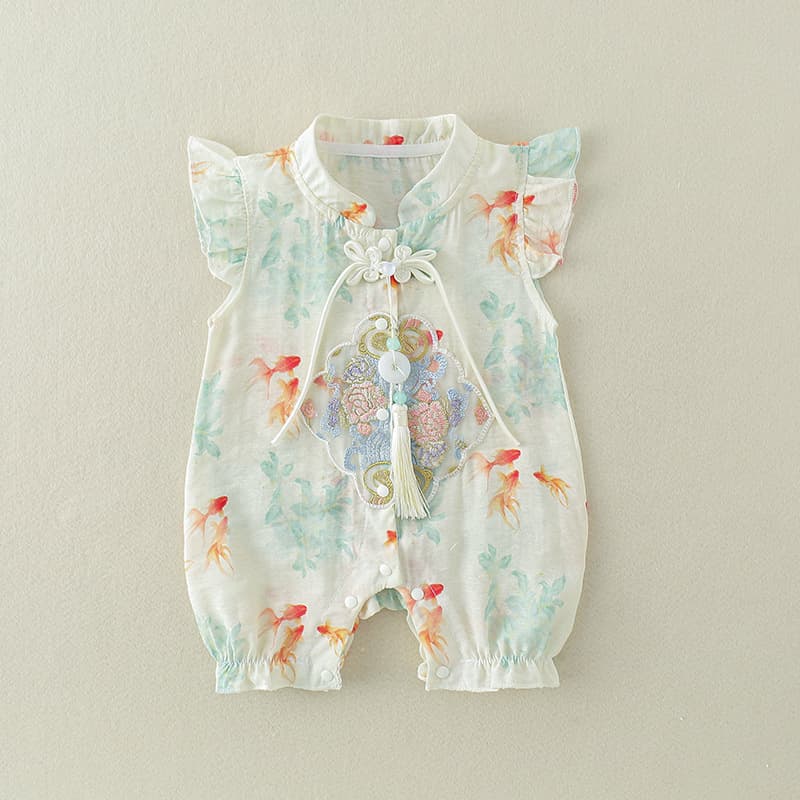 Baby Chinese style summer small flying sleeves harem baby girl koi embroidered jumpsuit newborn new Chinese style short crawl