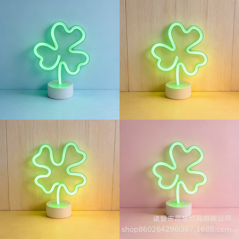 Creative LED Night Light Neon Ambient Lamp Clover Four-Leaf Clover Bedside Lamp Desktop Decor for Bedroom
