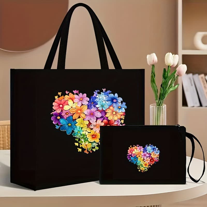 Teacher Theme Colorful TEACHER Stationery Print Canvas Tote Bag Contrast Color Large Capacity Handbag Shopping Bag