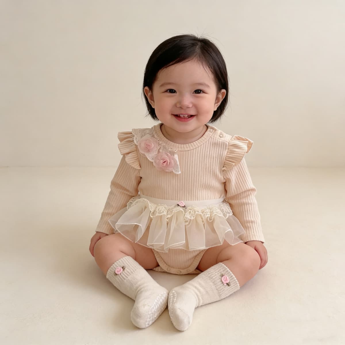 26 Autumn Spring Summer New Baby Girl Thin Skin-Friendly Off-White Rose Long-Sleeve Romper Breathable Butt-Cover Set