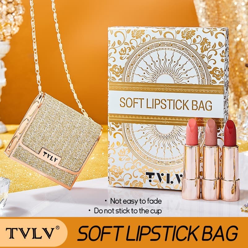 Cross-Border TVLV Silk Matte Three-Color Lipstick Set Long-Lasting No-Cup-Stain Nude Moisturizing Non-Fading Leather Bag Lipstick Gift Set