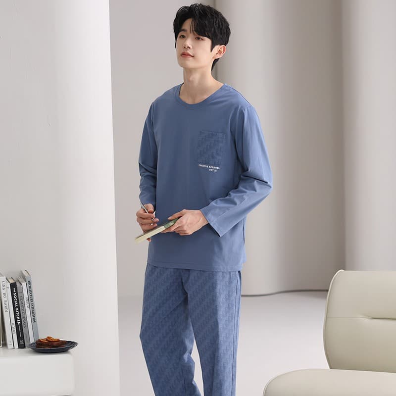 Crew Neck Pullover Cotton Sleepwear for Men Spring Autumn Long Sleeve Long Pants Wearable Out Home Soft Casual Men's Set