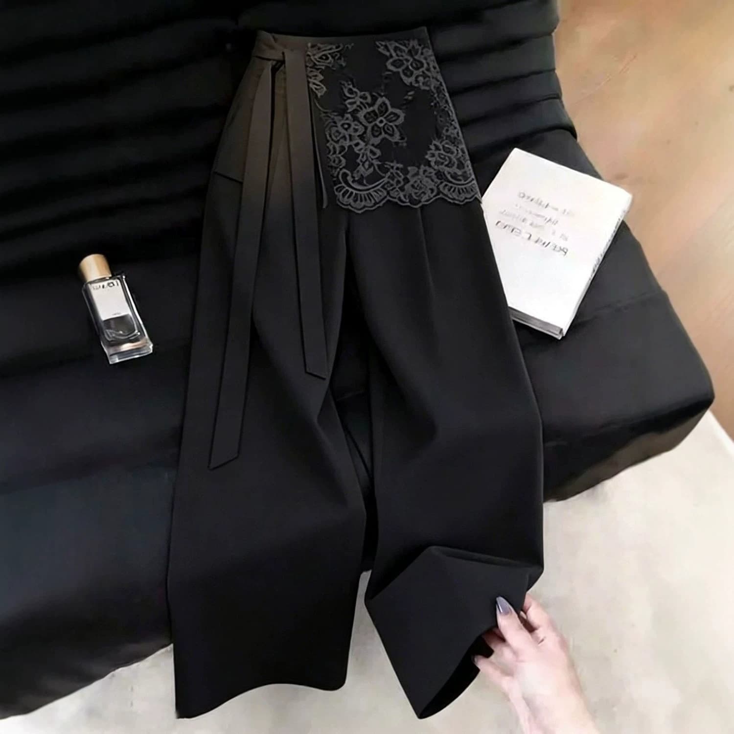 Black Faux Two-Piece Ribbon Lace Suit Pants Women 2026 Summer Trendy New Korean Style High-Waist Wide-Leg Trousers