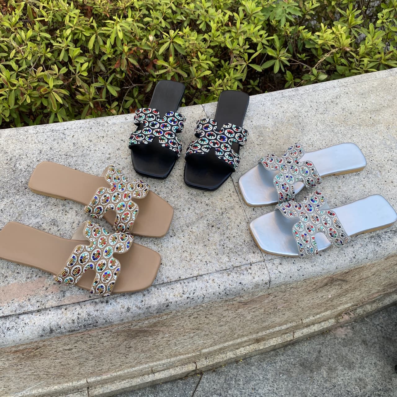 2025 Summer New Women's Flat Soft Sole Rhinestone Slide Sandals Korean Fashion Casual Slippers