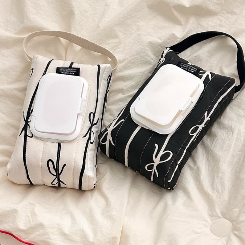 Korean Ins Style Striped Bow Quilted Fabric Handbag Hanging Flip-top Tissue Pouch Cotton