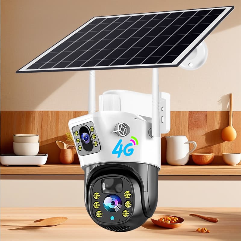 V380 Surveillance 4G Solar Camera Dual View Dual Lens 360 Degree Full Color Night Vision HD Outdoor Waterproof