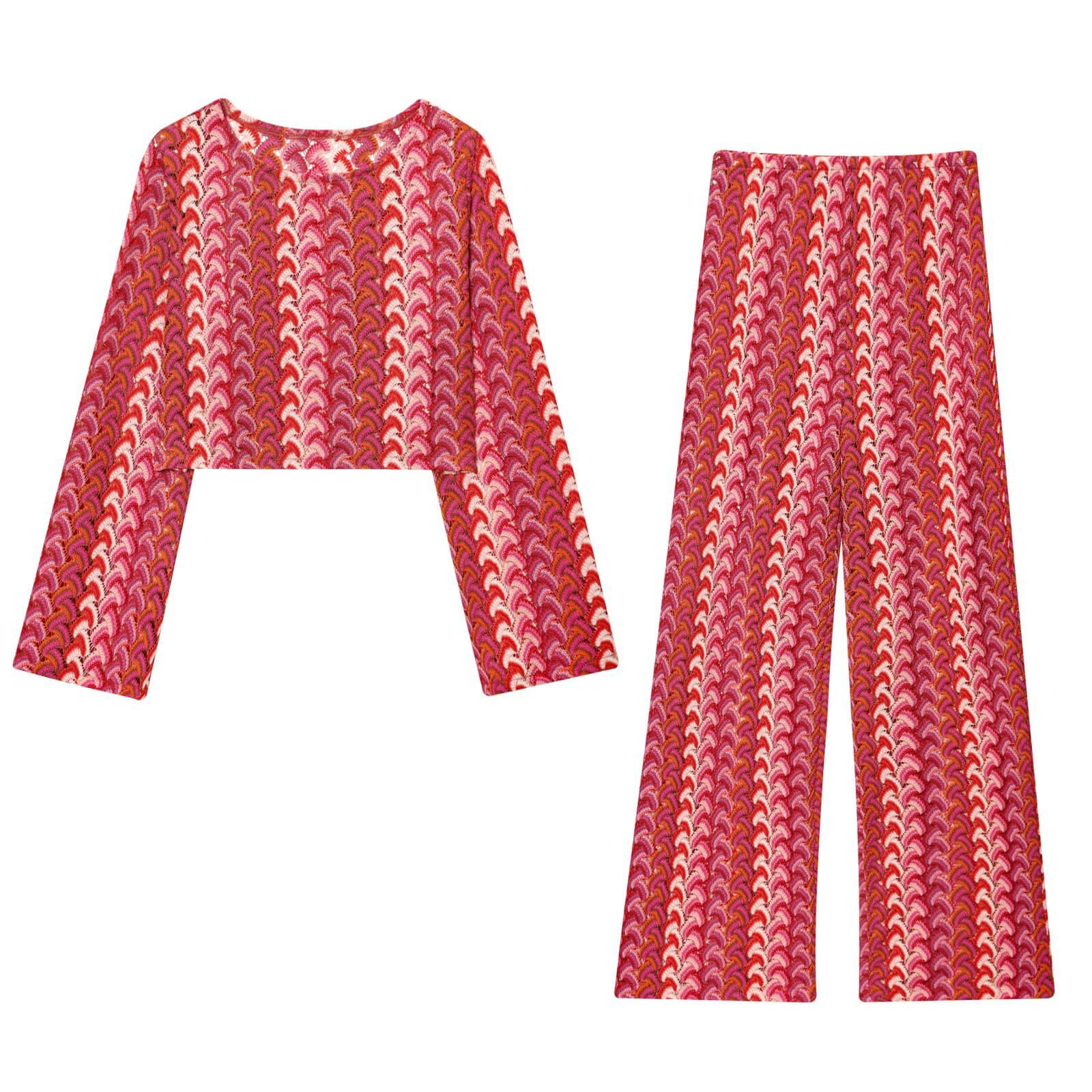 PB&ZA Women's 2025 Summer New Fashion Crochet Knit Long-Sleeve Shirt and Crochet Knit Pants Set