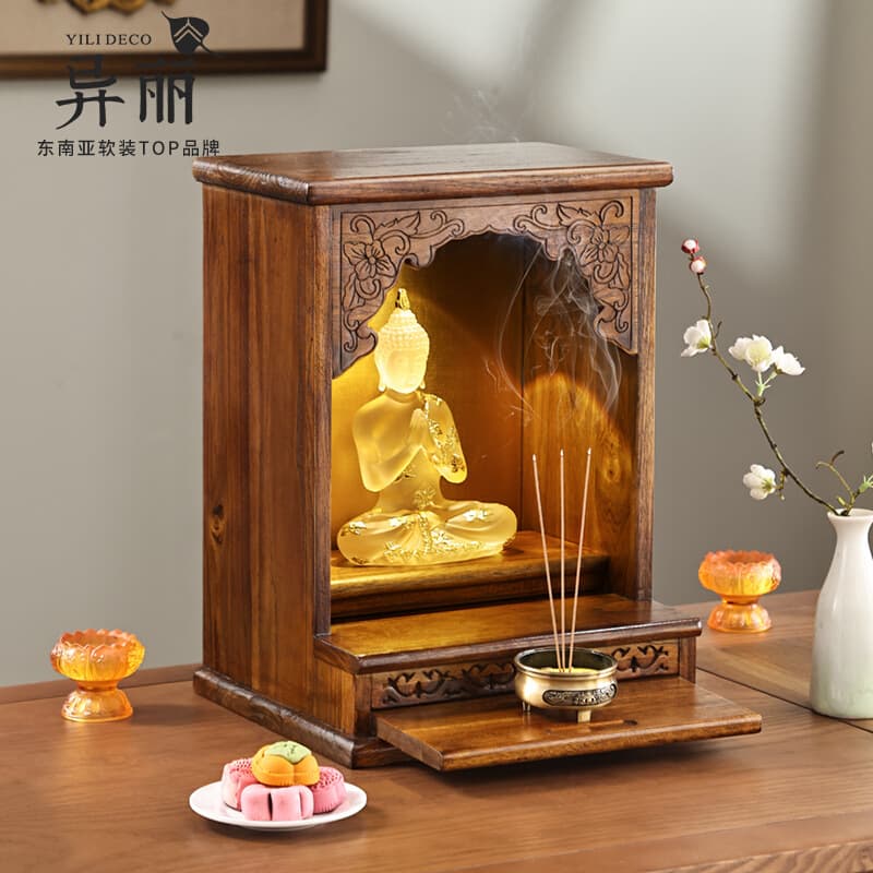 Elegant Solid Wood Wall-Mounted Mini Shrine - Combined Buddhist Altar and Deity Cabinet