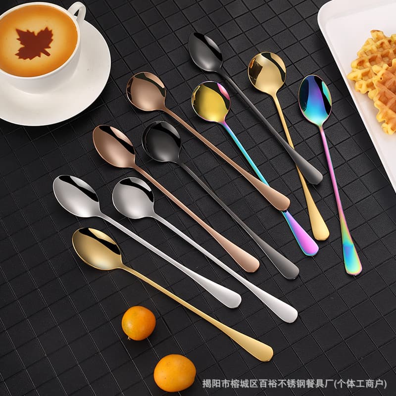 304 Stainless Steel Long Handle Mixing Spoon, Ice Cream Spoon, Coffee Spoon, Cross-Border Ice Cream Scoop, Round and Pointed Ice Spoon