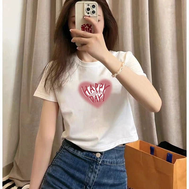 Summer New Fashion Cotton Crop Top Slim Fit Belly Button Revealing Short Sleeve T-Shirt for Women White
