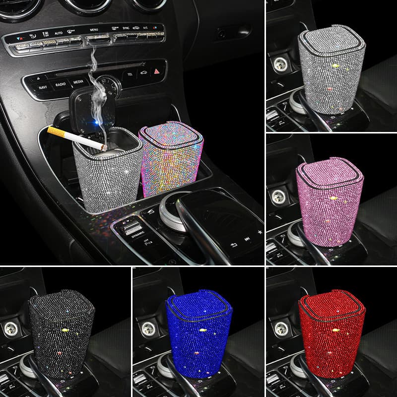 Car Accessories Rhinestone Car Ashtray, Fashion LED Light Multifunctional Car Ashtray for Men and Women, Creative Design