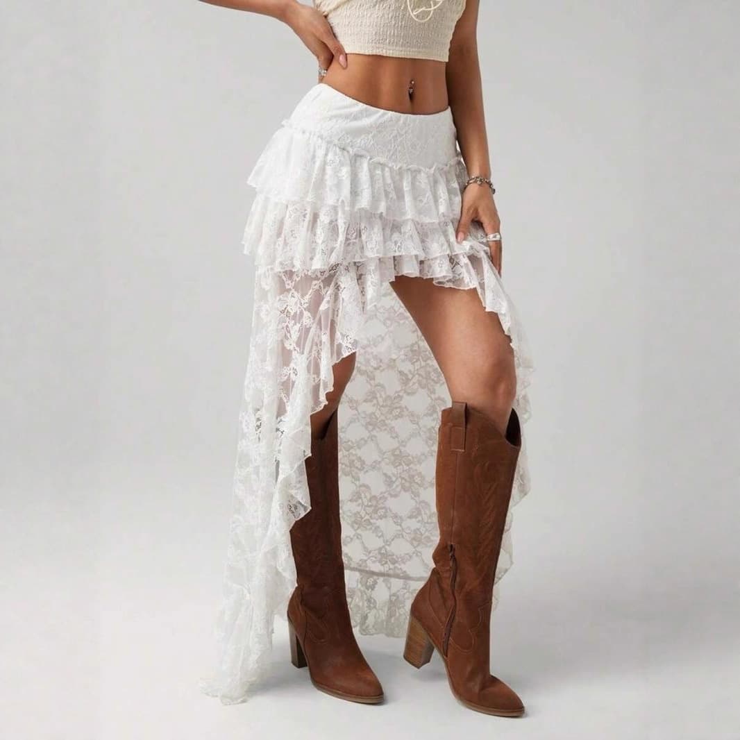 Cross-border European and American sexy pure lust lace skirt irregular stacking Western Maillard style women's skirt