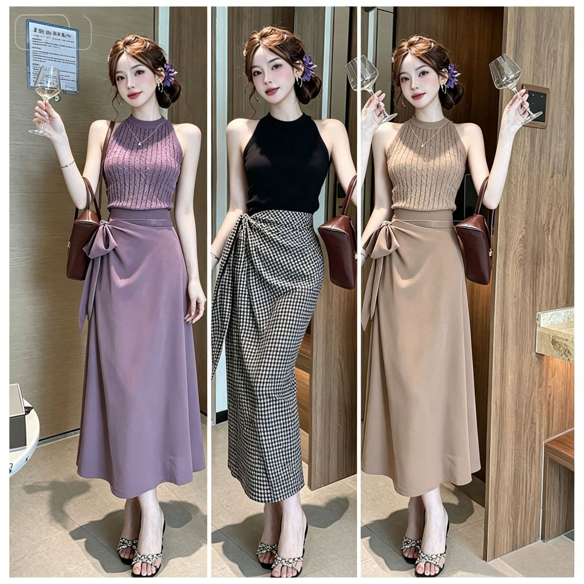 Fashionable Two-Piece Set for Women Summer New Trendy Slimming Short-Sleeve T-Shirt High-Waist Checkered Tie Skirt