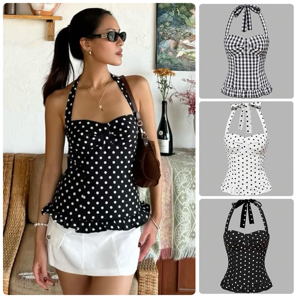 European and American Style 2026 AliExpress Cross-border Retro Sweet Cool Polka Dot Halter Top Sexy Cropped Vest