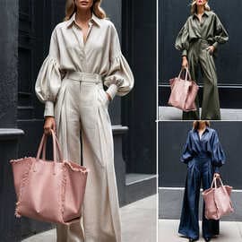 FD2205 In Stock 2025 Fall New Cross-border Solid Color Long-sleeve Shirt and Wide-leg Pants Fashionable Cotton-linen Two-piece Set